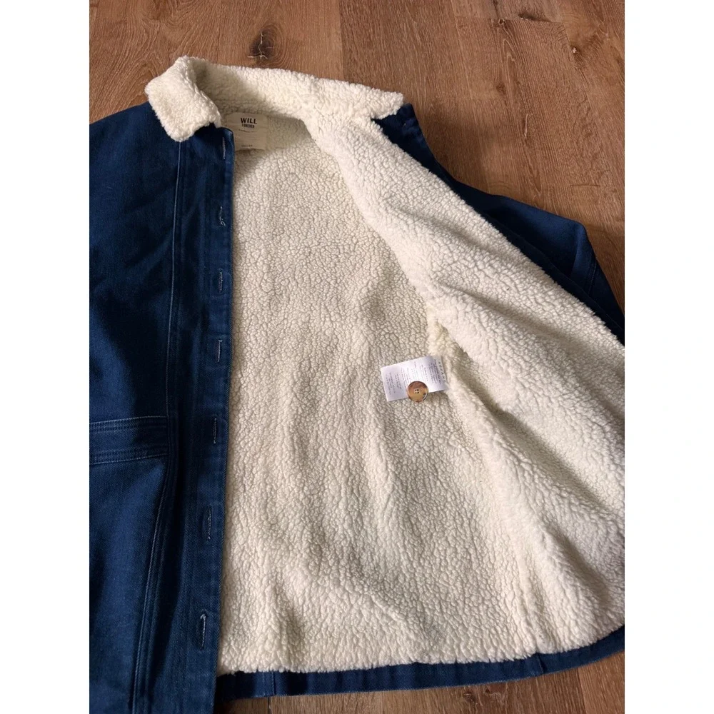 Sezane Will Forever Jacket Indigo Denim Faux Shearling Lined Chore Jacket Size S